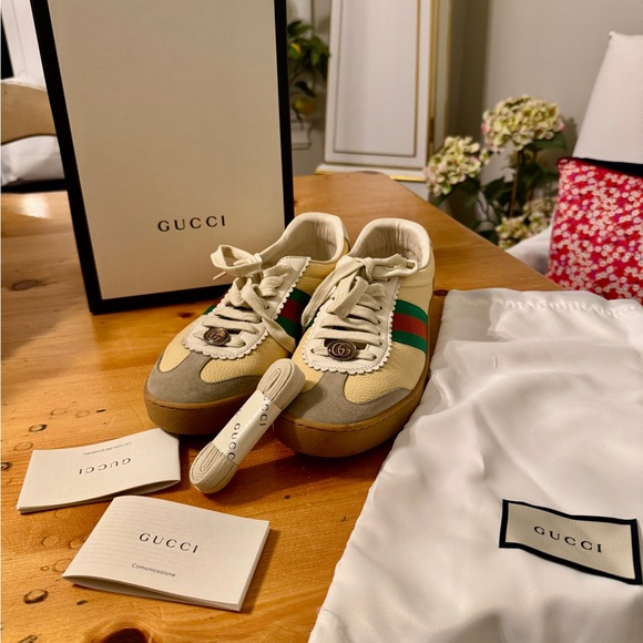 Gucci Tricolor Leather and Suede G74 Sneakers Size 38+, 8.5, includes box - Picture 3 of 10